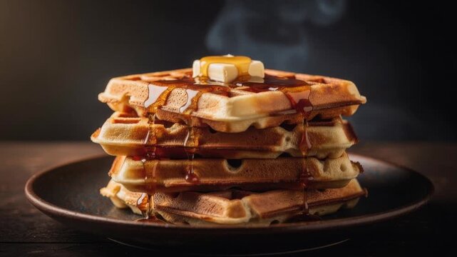 Stack of golden waffles with melting butter and dripping syrup on a dark plate with steam