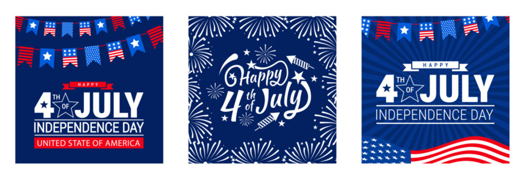 Happy 4th of July Independence Day social media post banner design set with fireworks.