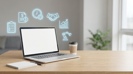Fototapeta premium Laptop with Blank Screen and Business Icons on Desk