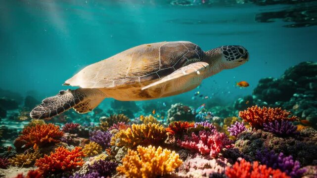 Underwater sea turtle swimming over colorful coral reef with tropical fish in clear ocean water