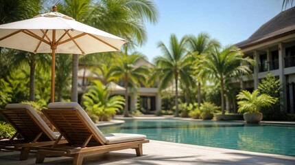 Fototapeta premium Wooden lounge chairs and umbrellas in tropical resort pool