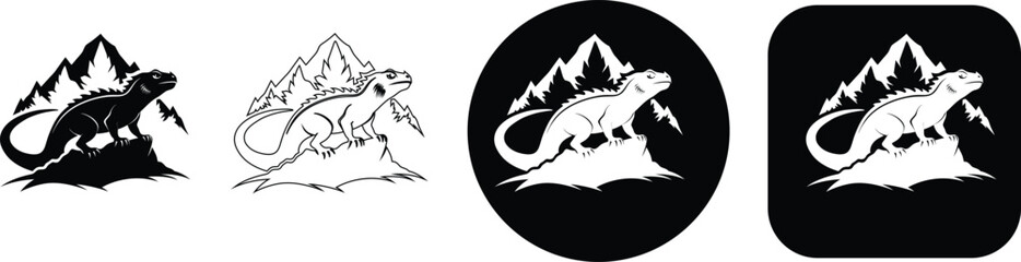 Fototapeta premium Set of four black and white featuring an iguana standing on a rocky mountain peak in different styles and shapes