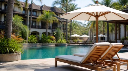 Fototapeta premium Wooden lounge chairs and umbrellas in tropical resort pool