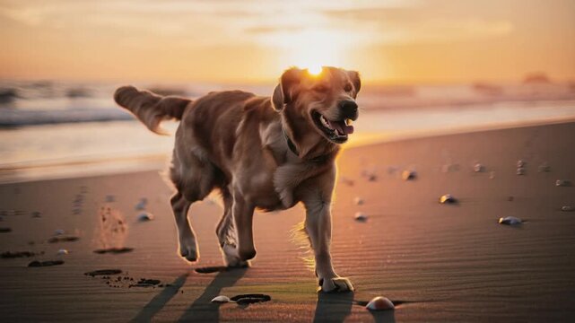 Happy golden retriever dog running on sandy beach during beautiful sunset with ocean waves