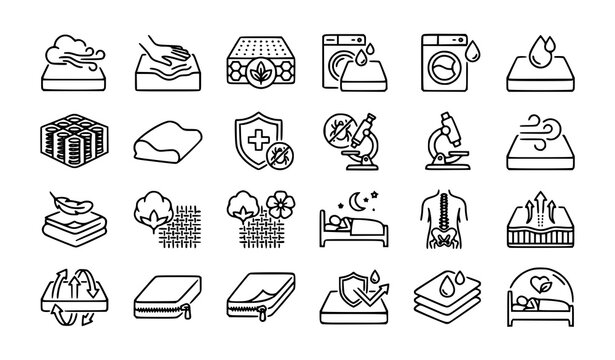 Mattress Material and Sleep Wellness Line Icons with Breathable Latex and Memory Foam Features