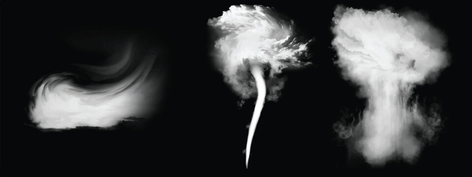 Flowing smoke. Set of tornado isolated on black background	
