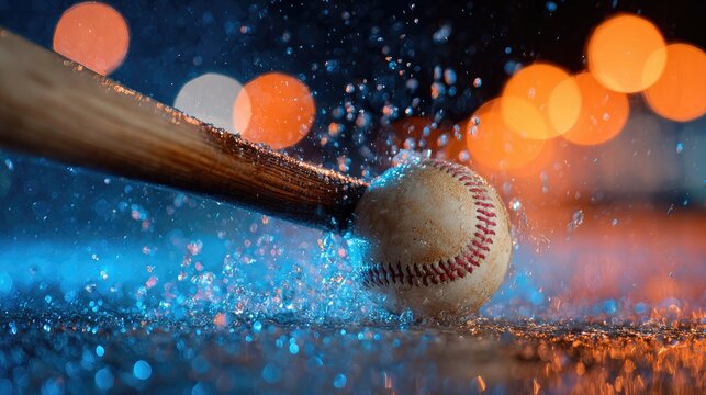 Wood bat striking baseball, creating water splash under colorful bokeh lights