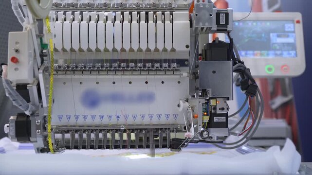 Industrial embroidery machine in motion sewing on a white fabric in slow motion and close up.