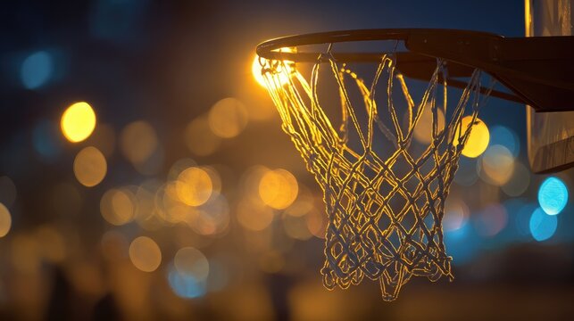 Illuminated basketball hoop at night with soft, bokeh city lights in background