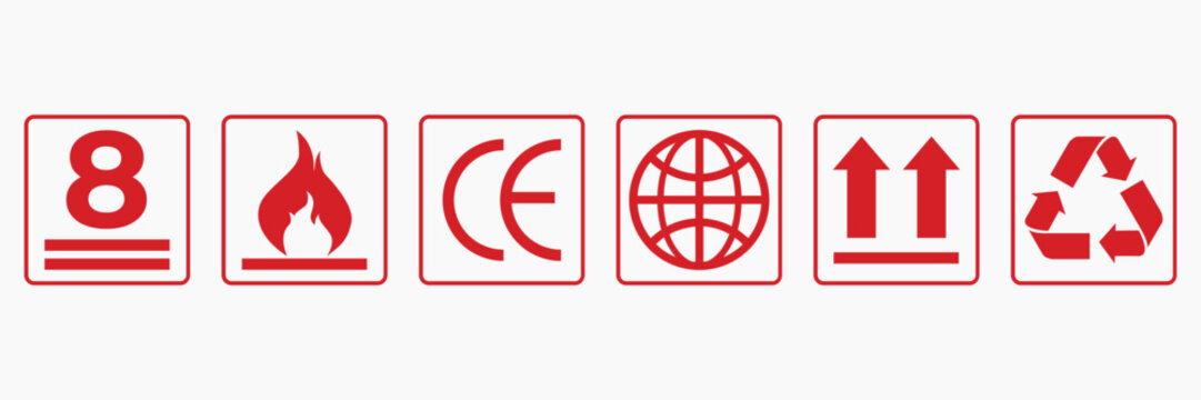 product safety icons set including flammable, CE mark, globe, and recycle symbols