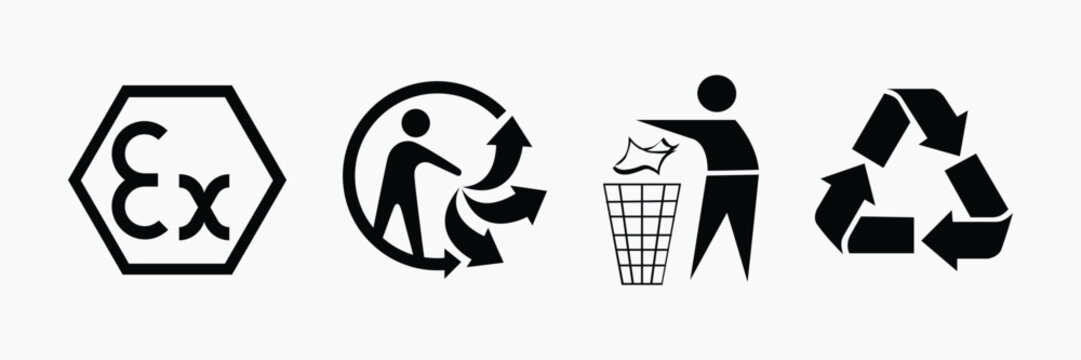 ATEX explosion proof, litter bin, and recycle symbols icon set
