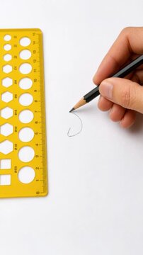 Close up of hand drawing with pencil next to yellow geometric shape stencil on white paper