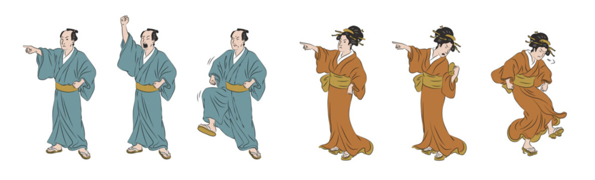 怒って指差したり拳を振り上げる浮世絵風の男女のイラストセット（ベクター）