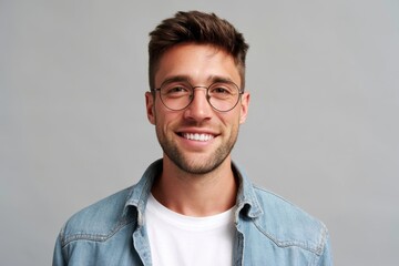 Obraz premium The Smiling Man Portrait in Casual Denim Shirt with Glasses and Warm Lighting
