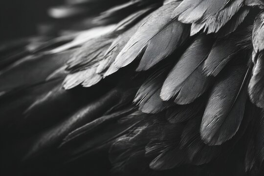 Close-up, monochrome macro view of layered, soft bird feathers