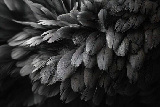 Close-up abstract view of dark, soft feathers, creating a textured, natural pattern