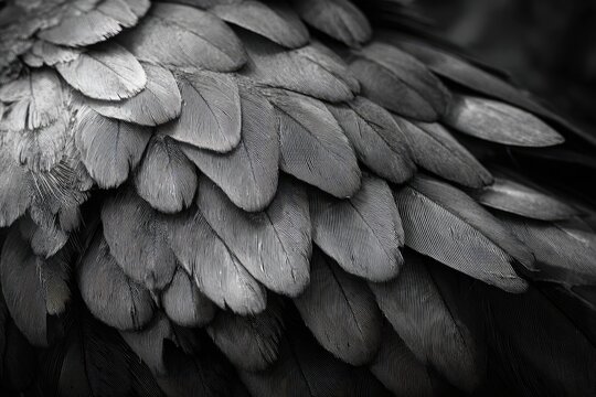 Close-up of layered grey bird feathers, showcasing intricate detail and texture