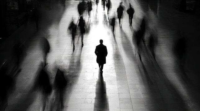 Lone figure walks away from bright light into darkness surrounded by blurred people