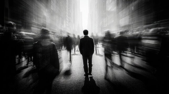 Man in suit stands alone in a blurred city street, facing bright light