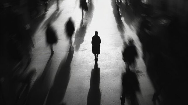 Solitary figure stands amidst blurred crowd, long shadows stretching