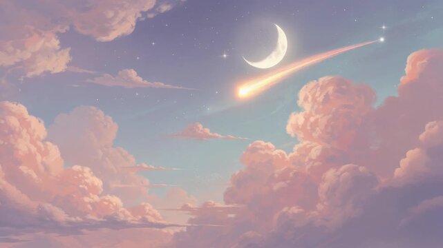 Surreal sky with crescent moon shooting star and soft pink clouds in dreamy twilight landscape