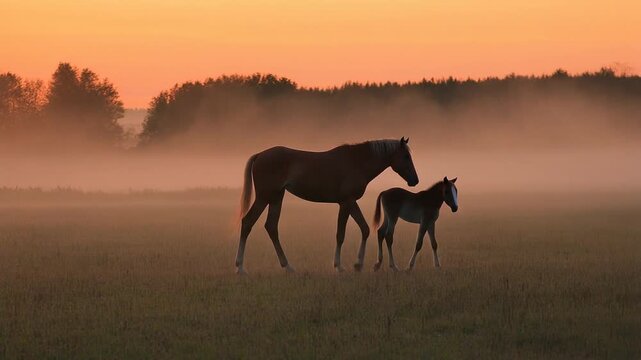 A mother horse and her foal walk through a misty field at sunrise, with trees silhouetted against the orange sky.