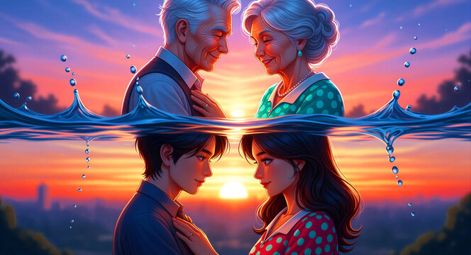 Elderly and young couple facing each other across a water ripple at sunset. Vibrant illustration showing a lifetime of romance. Eternal love concept ideal for relationship and senior care marketing.