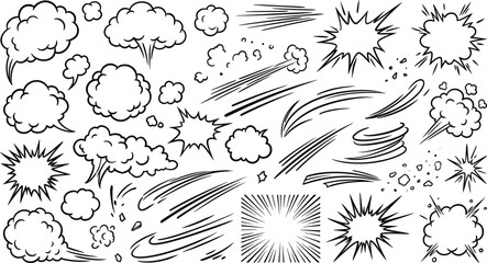 Collection of hand drawn comic book speed lines explosion clouds and speech bubble graphic design elements isolated on white background. © Nayan