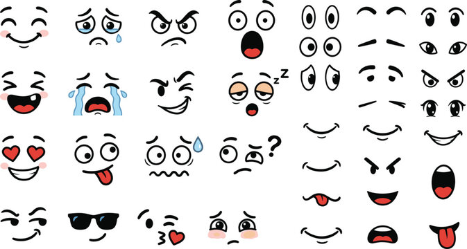 Large collection of cartoon face expressions and character mouth and eye constructor elements for creating custom comic emoticon illustrations.