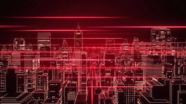 Futuristic digital cityscape with glowing red neon lights and modern skyscrapers at night