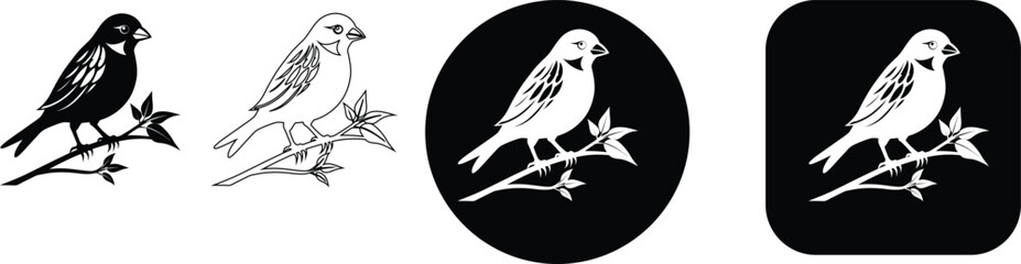 Fototapeta premium Four bird on branch featuring black silhouette, line and white shapes on circular and square backgrounds