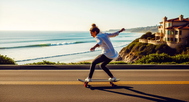 Young woman longboarding on a scenic coastal road at sunset. Active female riding a skateboard near luxury seaside villas. Freedom and travel concept, ideal for summer lifestyle marketing.
