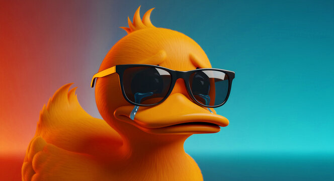 Sad yellow duckling wearing sunglasses with tears streaming down its face. Close-up 3D character against a vibrant orange and blue background. Emotional irony concept for mental health or meme.