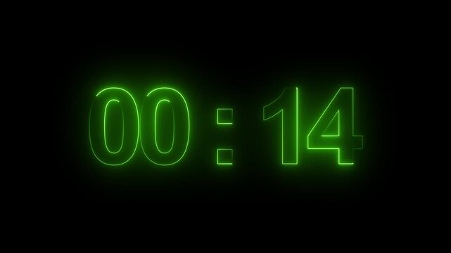 Timer showing fourteen seconds in a vibrant green neon script glows against the deep black background, serving as a visual indicator for high-energy events, active tasks, or urgent progress tracking.