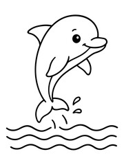 Obraz premium Dolphin Jumping in Waves: A simple and charming line drawing of a happy dolphin leaping out of wavy water, perfect for children's activities or creative projects.