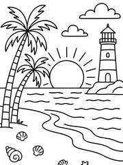 Obraz premium Coastal Sunset Coloring Page: A serene line drawing depicts a tropical beach scene with palm trees, a lighthouse, and a radiant sun setting over the ocean, perfect for creative coloring.