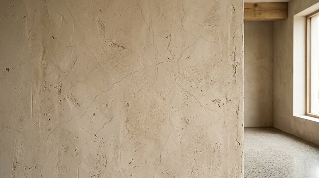 Rough textured wall with cracks, abstract background of raw concrete or stucco, weathered surface with imperfections, rustic urban texture.
