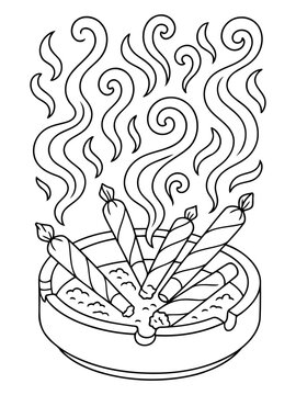 Artistic Ashtray with Cigarettes: A stylized, black and white line drawing of an ashtray overflowing with several lit cigarettes, emitting curling wisps of smoke.