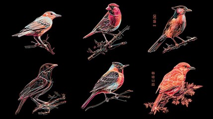 Obraz premium Vibrant tropical birds perched on branches with colorful plumage and white beaks