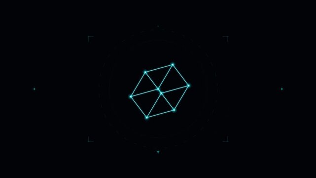 Digital HUD interface assembling 3D wireframe cube from cyan nodes on black background
