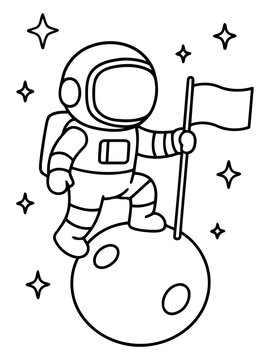 Astronaut on Moon Landing: A whimsical outline illustration of an astronaut standing on a moon, planting a flag, surrounded by stars, representing exploration and discovery.