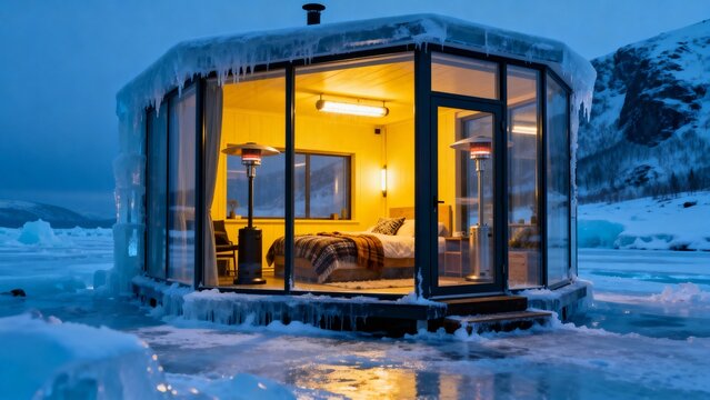 A unique cabin stands boldly on a frozen lake, surrounded by cold ice. Golden light spills from its windows, creating a warm and inviting contrast against the chilly winter landscape.