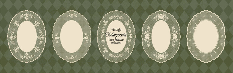 Fototapeta na wymiar Whimsy oval lace frame collection. Vintage cottagecore floral doily labels. Embroidery handkerchief. Elegant scalloped crochet borders with botanical silhouettes for birthday or wedding invitations.