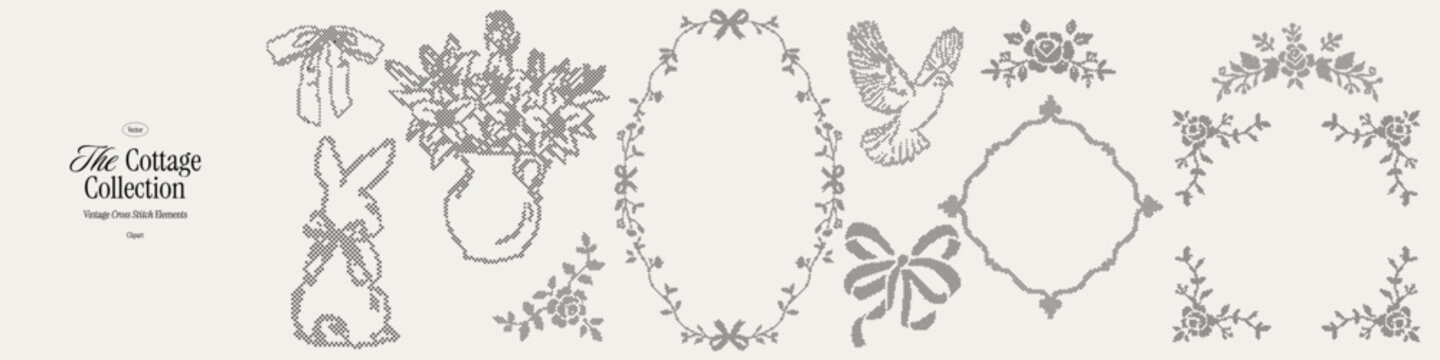 Vintage cross stitch cottage collection with floral frames. Rustic embroidery clipart with rabbits, birds, bows and botanical ornaments for crafts and decor. Whimsical pixel wedding elements.
