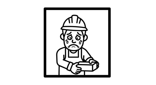 Sad construction worker crying holding a brick, feeling overwhelmed and distressed at work