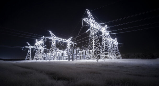 High-voltage electricity pylons and power substation glowing against a dark night sky. Intense white light outlines the steel framework. Energy infrastructure concept, ideal for utility marketing.