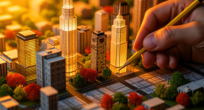 Hand with pencil over a detailed miniature city model. Architect planning an urban metropolitan layout with glowing skyscrapers. Real estate development and smart city concept.