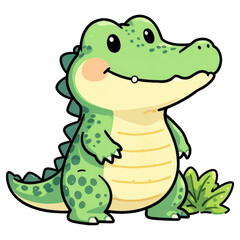 Fototapeta premium Cute Cartoon Alligator: A charming and friendly cartoon alligator, rendered in a vibrant green hue, smiles warmly with its characteristic teeth and playful eyes.