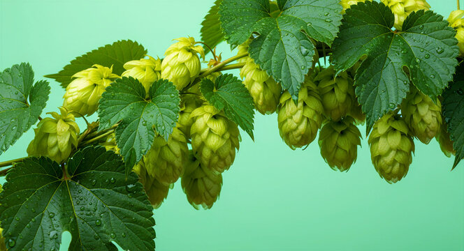 Fresh green hop cones and leaves with water droplets on a vine. Ripe humulus lupulus plant isolated against a pale green background. Brewing ingredients concept, ideal for craft beer branding.