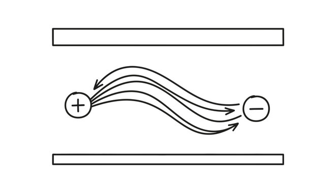 Positive and Negative Charges Interacting in Electric Field Between Parallel Plates